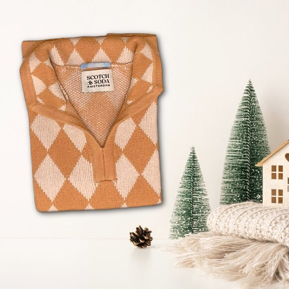 Scotch & Soda Kids Argyle Checkerboard Knit Sweater – Size 10/140 – Tan & Cream - Picture 12 of 12